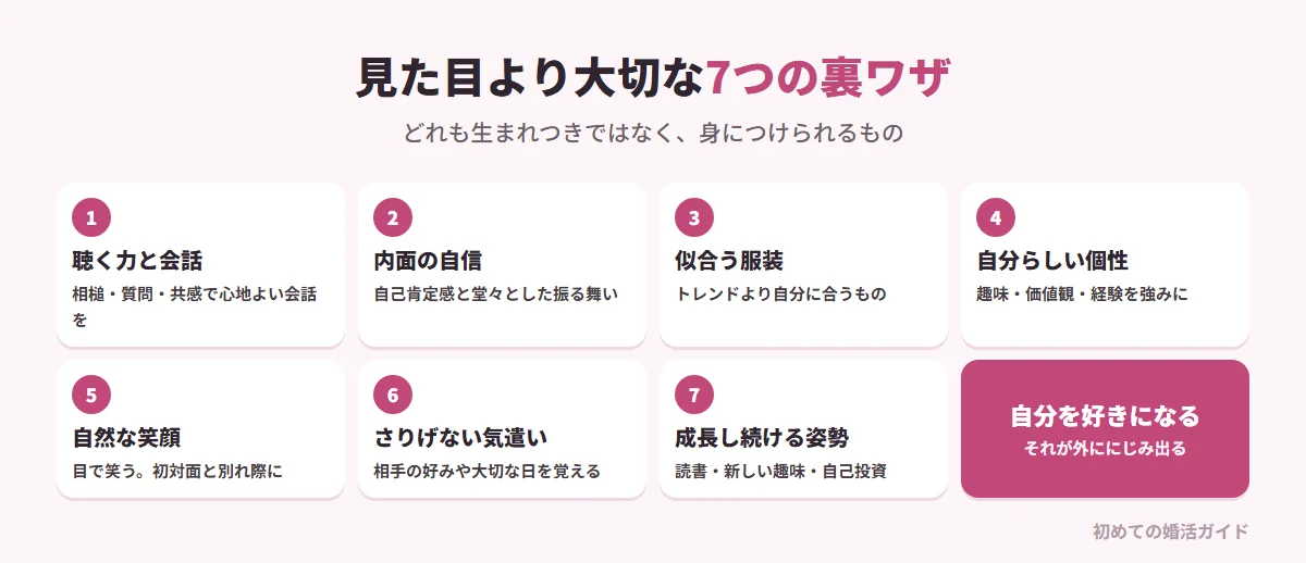 見た目より大切な「モテる女性」7つの裏ワザ（記事の内容）。1 魅力的なコミュニケーション術（聴く力と会話のキャッチボール）。2 内面から輝く自信（自己肯定感と堂々とした振る舞い）。3 自分に合ったファッション（トレンドより似合うもの、サイズ感と清潔感）。4 ユニークな個性（趣味や価値観、経験を強みに）。5 自然な笑顔（目で笑う、初対面や別れ際に）。6 気遣いの心（相手の好みや大切な日を覚えておく）。7 自己成長を続ける姿勢（読書、新しい趣味、自己投資）。どれも努力次第で誰でも身につけられる