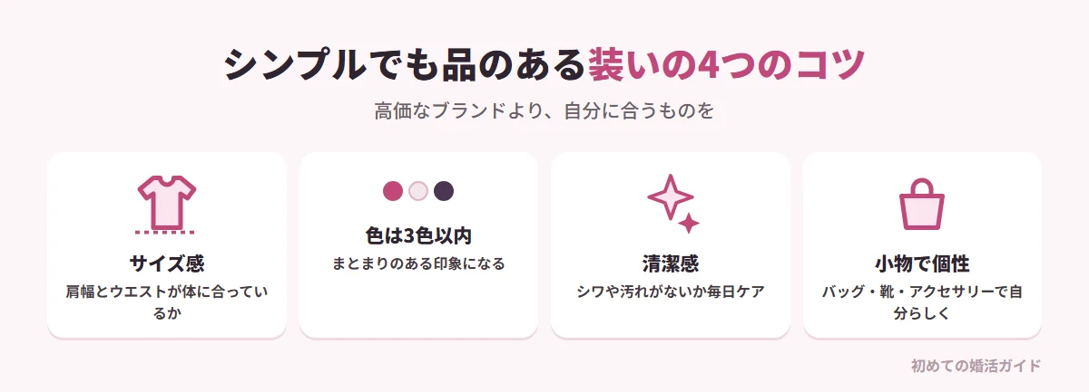シンプルでも品のある装いの4つのポイント（記事の内容）。サイズ感を重視する：体に合った服を選び、特に肩幅とウエストのサイズ感に気をつける。色は3色以内でまとめる。清潔感を大切にする：シワや汚れがあると台無しなので毎日のケアを。小物で個性を出す：ベーシックな服でもバッグや靴、アクセサリーで自分らしさを。高価なブランドより、自分の体型や顔立ち、肌の色に合ったものを知ることが大切