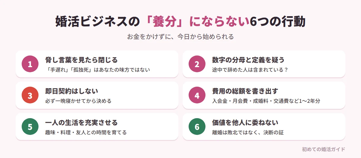 婚活ビジネスの養分にならない6つの行動ステップ(記事の内容)。1 「手遅れ」「孤独死」という脅し言葉を見たら画面を閉じる。2 成婚率などのデータは分母と定義を疑う。3 無料相談での即日契約はせず、必ず一晩寝かせる。4 入会金・月会費・お見合い料・成婚料・交通費や美容代など1〜2年の総額を紙に書き出す。5 まず自分一人の毎日の生活を充実させる。6 自分の価値を婚姻歴や他人の査定に委ねない(離婚は敗北ではなく決断の証)